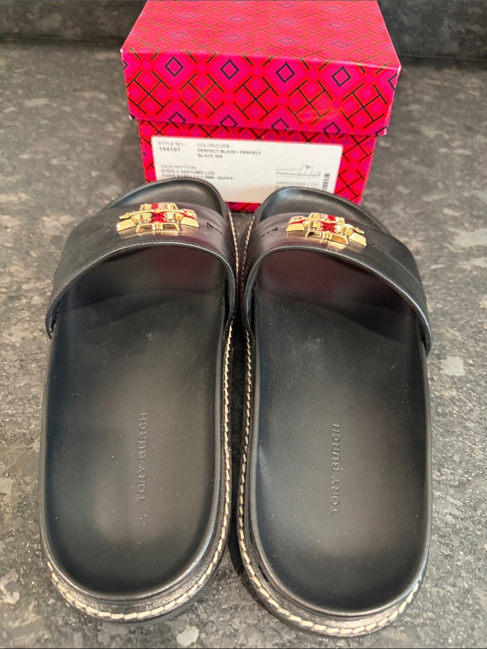 Tory Burch Black Everly Leather Logo Slide Sandals - Picture 3 of 3